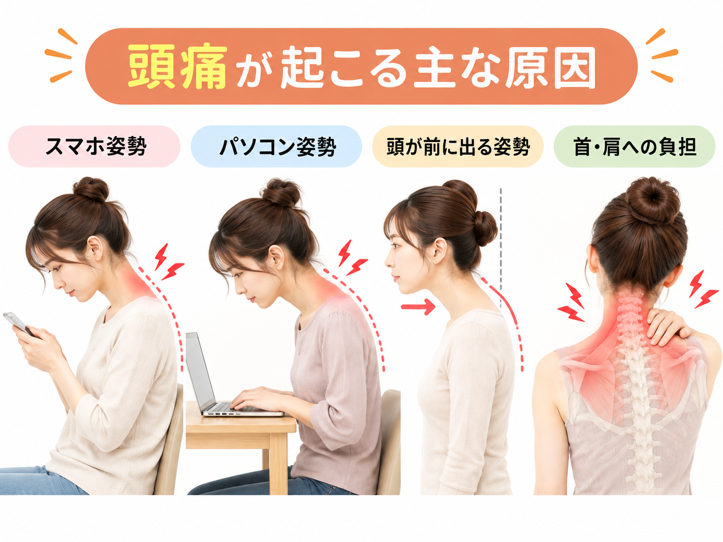 頭痛につながる姿勢や首肩への負担